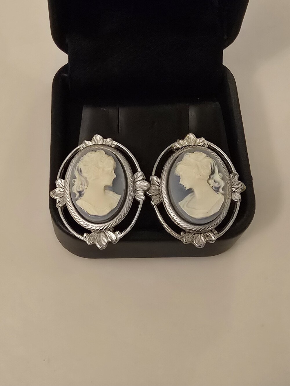 Blue & White Cameo Silver Tone Clip-on Earrings